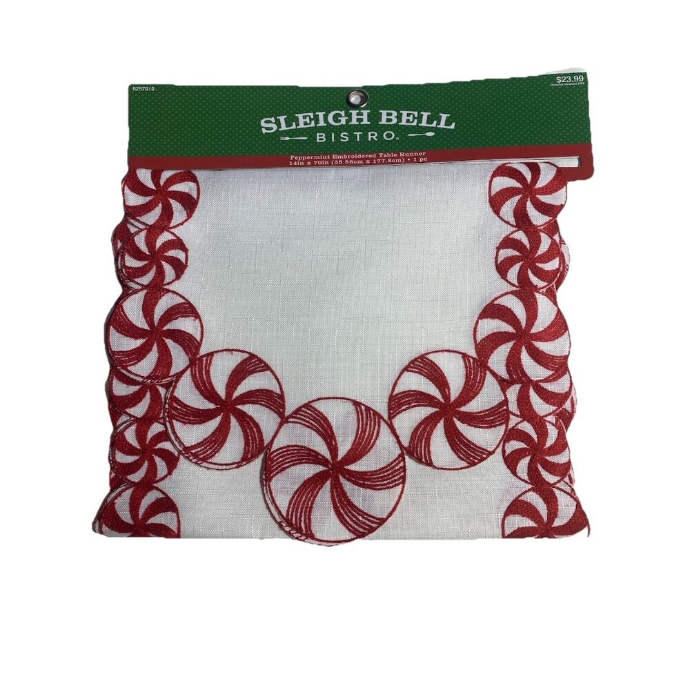Sleigh Bell Bistro Red White Peppermint Candy Embroidered Table Runner 14” X 70”